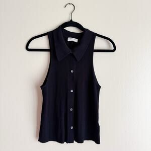 Babaton Black Ribbed Stovall Collared Button Up Tank Top Blouse Large
